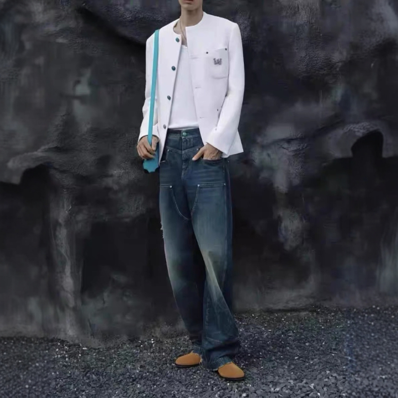 Blugi lejii cu croială liberă, talie medie, fermoar, țesătură principală poliester