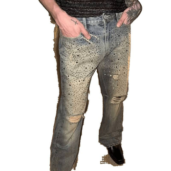 Jeansi din denim pentru bărbați, cu cristale Hotfix - talie medie, fermoar, micro-elasticitate, croială drept