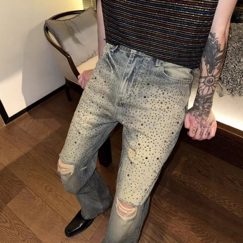 Jeansi din denim pentru bărbați, cu cristale Hotfix - talie medie, fermoar, micro-elasticitate, croială drept