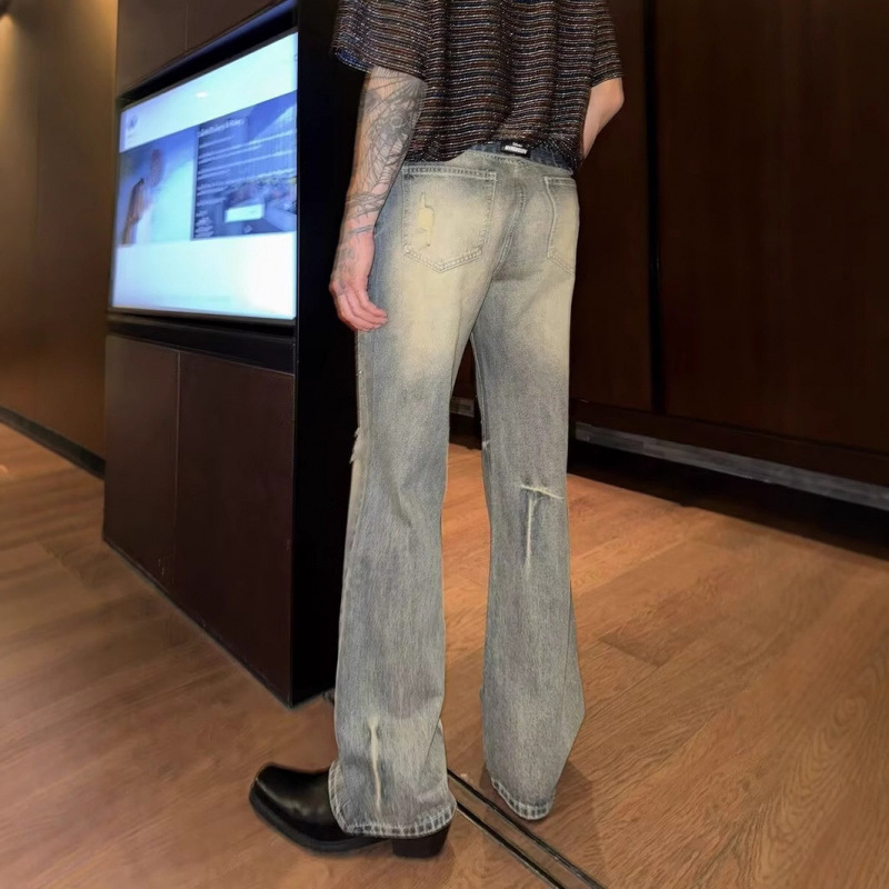 Jeansi din denim pentru bărbați, cu cristale Hotfix - talie medie, fermoar, micro-elasticitate, croială drept