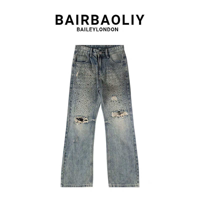 Jeansi din denim pentru bărbați, cu cristale Hotfix - talie medie, fermoar, micro-elasticitate, croială drept