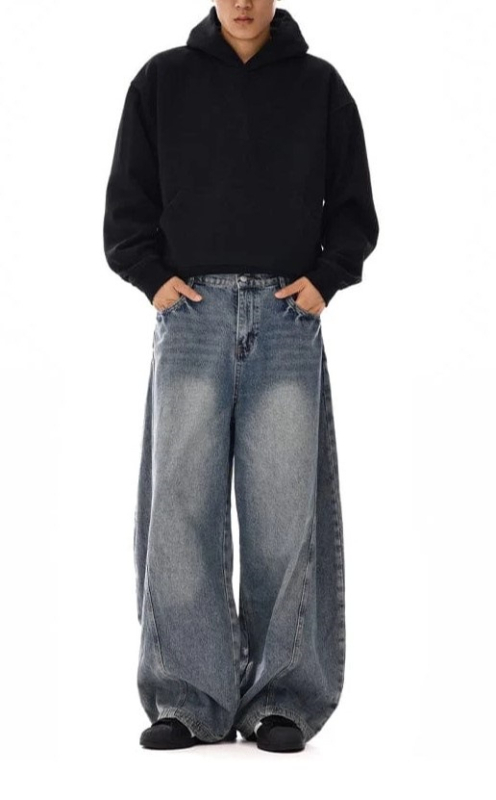 Muške traperice retro stila — ravne nogavice, labav kroj, denim, srednji obim struka, zip