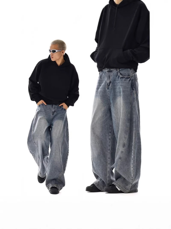 Muške traperice retro stila — ravne nogavice, labav kroj, denim, srednji obim struka, zip