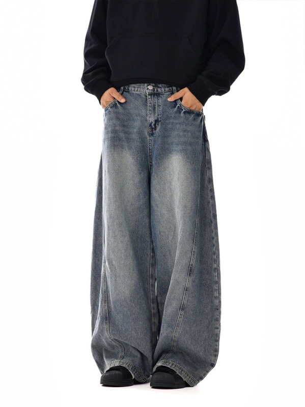 Muške traperice retro stila — ravne nogavice, labav kroj, denim, srednji obim struka, zip
