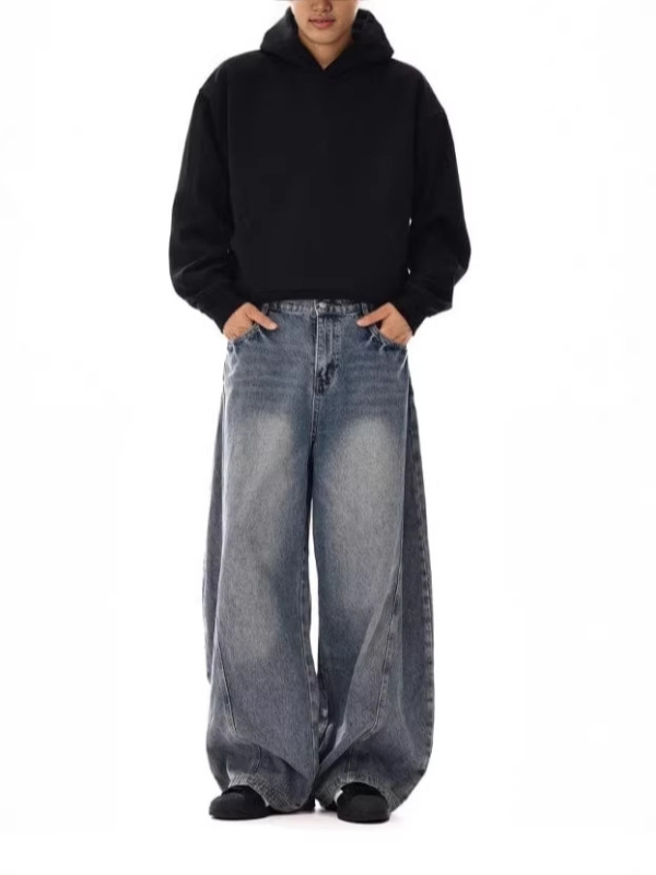 Muške traperice retro stila — ravne nogavice, labav kroj, denim, srednji obim struka, zip