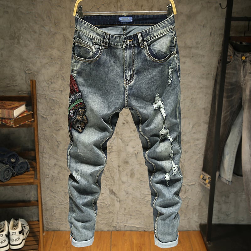 Muške traperice s izšivanjem i oštećenjima, uski kroj, mikro-elastični pamuk denim