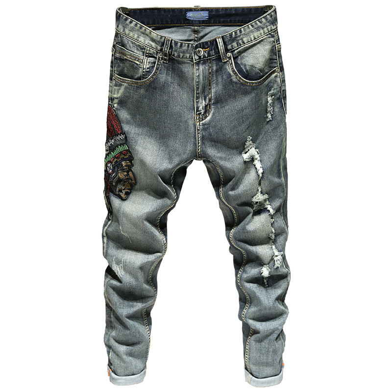 Muške traperice s izšivanjem i oštećenjima, uski kroj, mikro-elastični pamuk denim