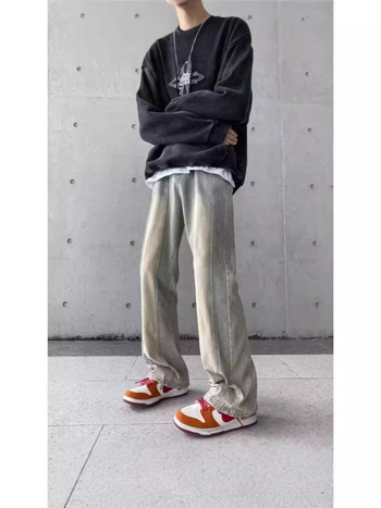 Blugi bărbați vintage straight, aspect distressed, talie medie, fermoar, elasticitate micro