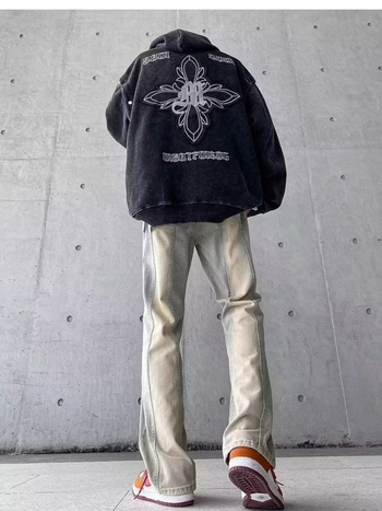 Blugi bărbați vintage straight, aspect distressed, talie medie, fermoar, elasticitate micro