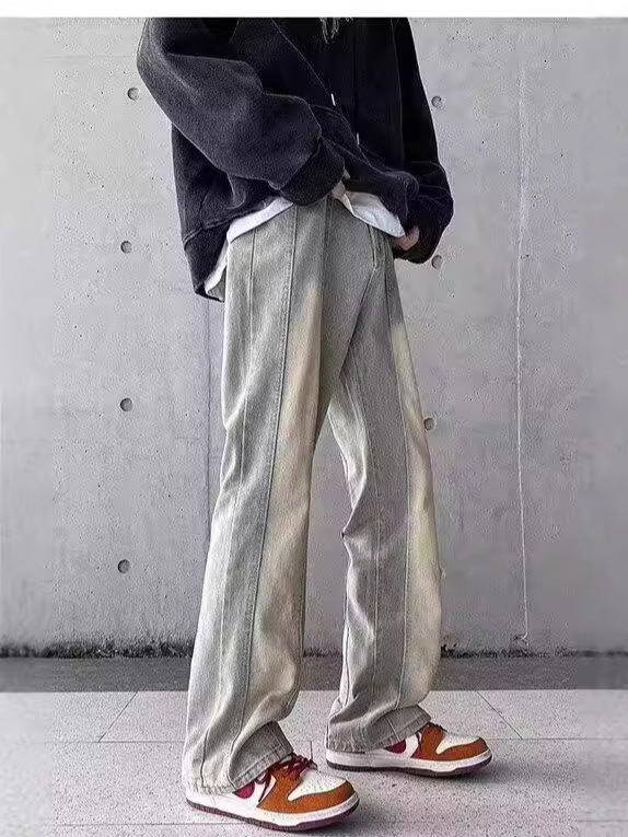 Blugi bărbați vintage straight, aspect distressed, talie medie, fermoar, elasticitate micro