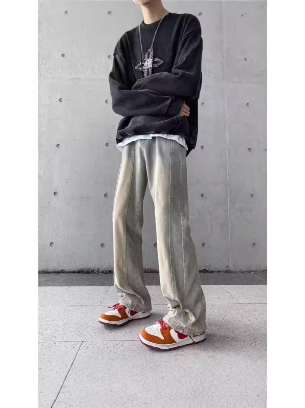 Blugi bărbați vintage straight, aspect distressed, talie medie, fermoar, elasticitate micro