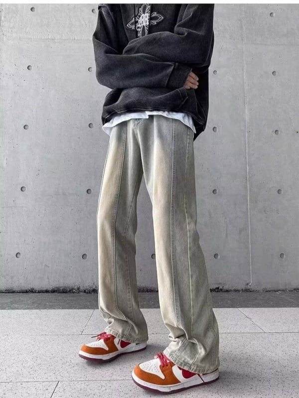 Blugi bărbați vintage straight, aspect distressed, talie medie, fermoar, elasticitate micro