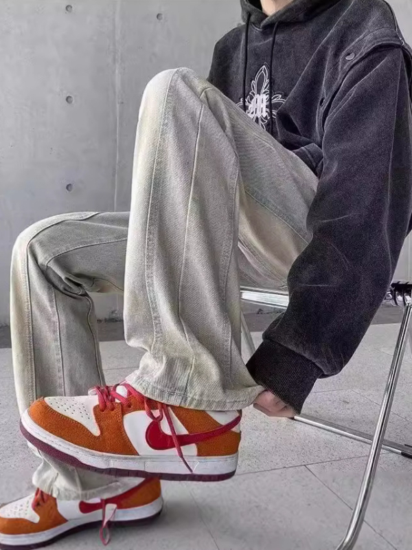 Blugi bărbați vintage straight, aspect distressed, talie medie, fermoar, elasticitate micro