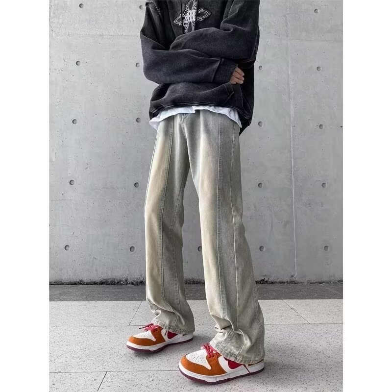 Blugi bărbați vintage straight, aspect distressed, talie medie, fermoar, elasticitate micro