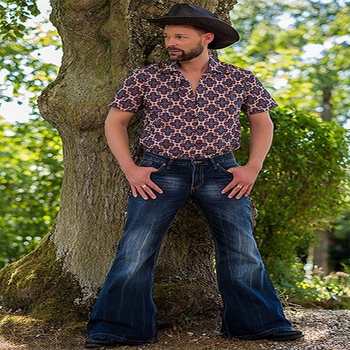 Jeanși din denim pentru bărbați, croială evazată, vintage, 90% bumbac, spălat cu piatră.