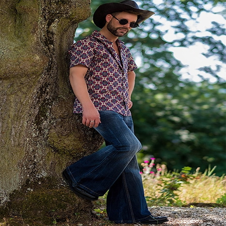 Jeanși din denim pentru bărbați, croială evazată, vintage, 90% bumbac, spălat cu piatră.