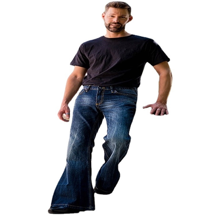 Jeanși din denim pentru bărbați, croială evazată, vintage, 90% bumbac, spălat cu piatră.