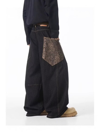 Jeanși cu model de șarpe, buzunare cargo, croială dreaptă, talie medie