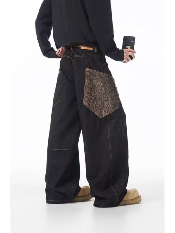 Jeanși cu model de șarpe, buzunare cargo, croială dreaptă, talie medie