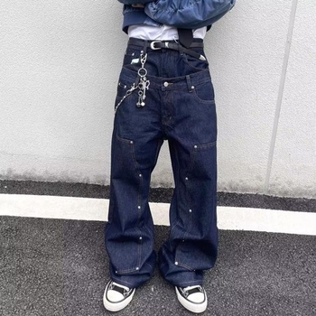 Muške traperice hip-hop stila s dvostrukim pojasom i patchwork detaljem, opuštene široke nogavice