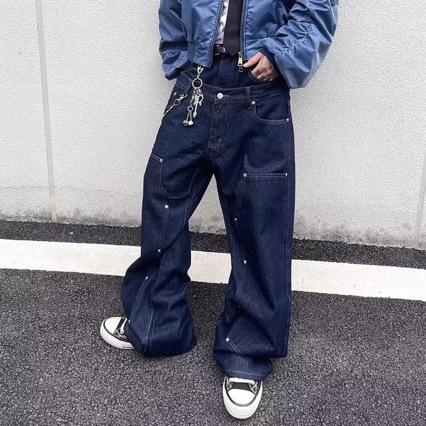 Muške traperice hip-hop stila s dvostrukim pojasom i patchwork detaljem, opuštene široke nogavice