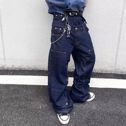 Muške traperice hip-hop stila s dvostrukim pojasom i patchwork detaljem, opuštene široke nogavice