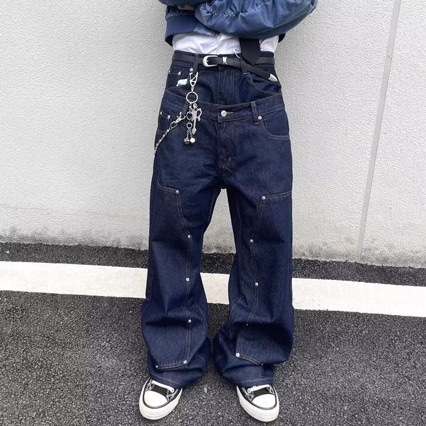 Muške traperice hip-hop stila s dvostrukim pojasom i patchwork detaljem, opuštene široke nogavice