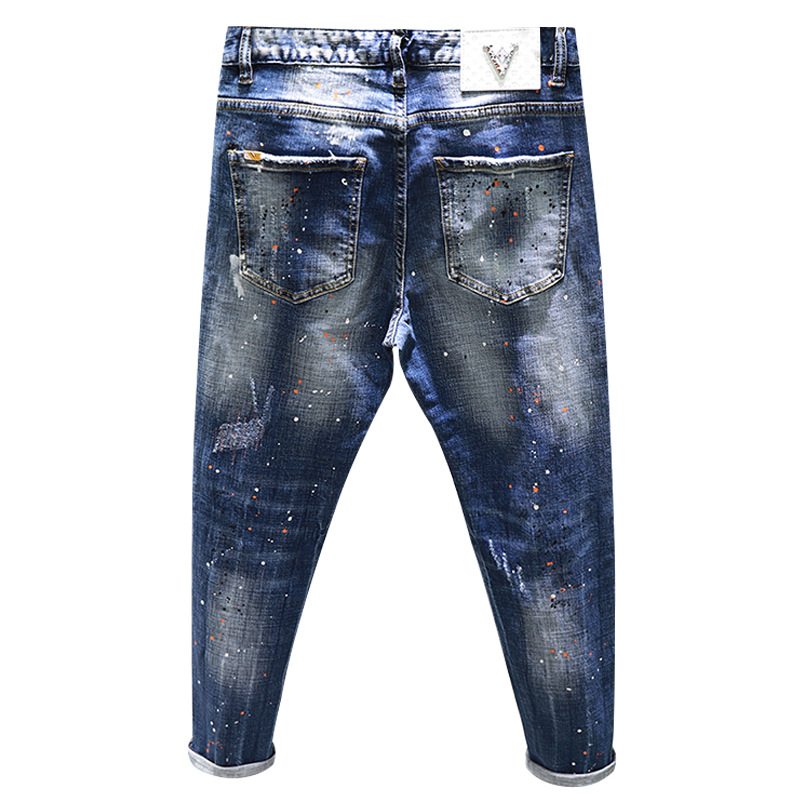 Traperice s kontrastnim kapljicama boje, pamuk-elastanski denim, slim-fit, srednji pojas, zatvarač na zip