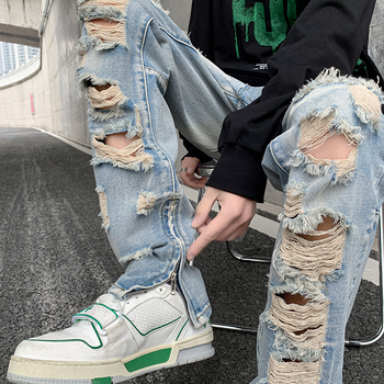 Muške poderane traperice, High Street stil, ravne nogavice, srednja talija, zip, oprani denim