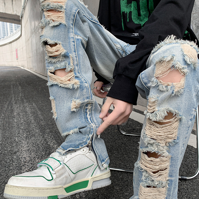 Muške poderane traperice, High Street stil, ravne nogavice, srednja talija, zip, oprani denim