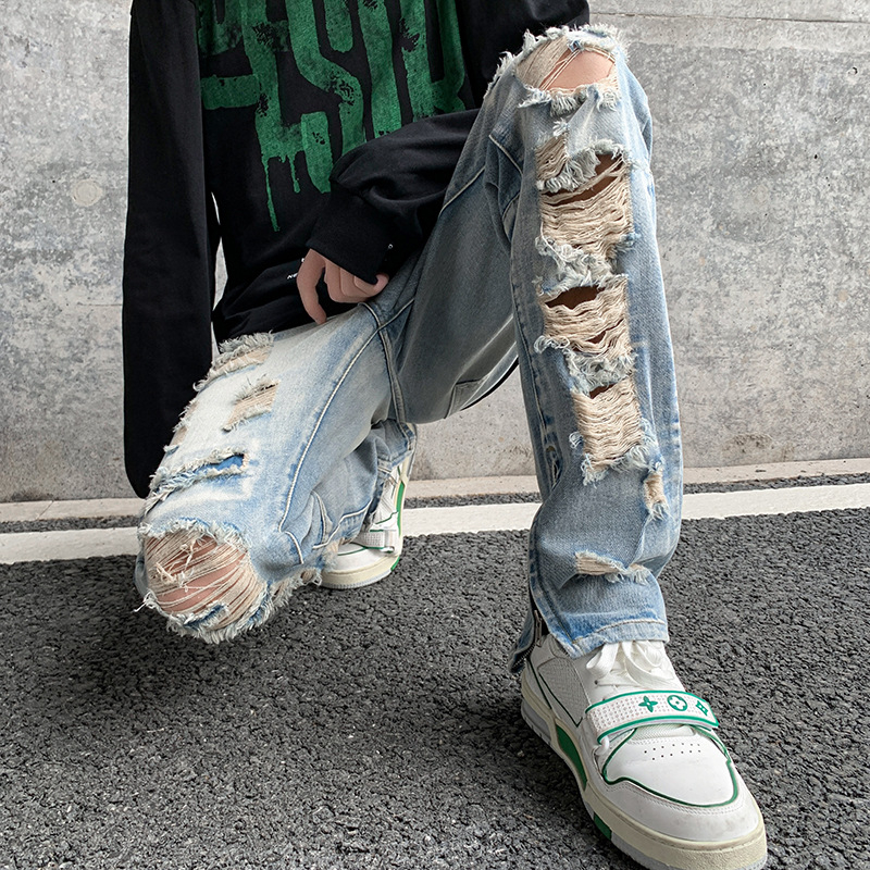 Muške poderane traperice, High Street stil, ravne nogavice, srednja talija, zip, oprani denim