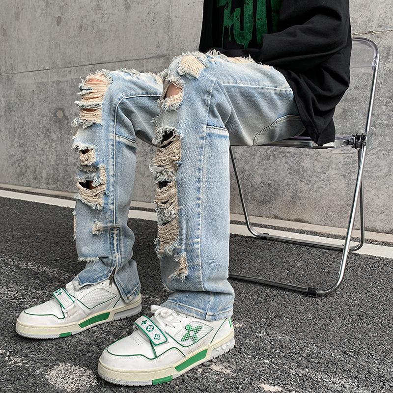 Muške poderane traperice, High Street stil, ravne nogavice, srednja talija, zip, oprani denim