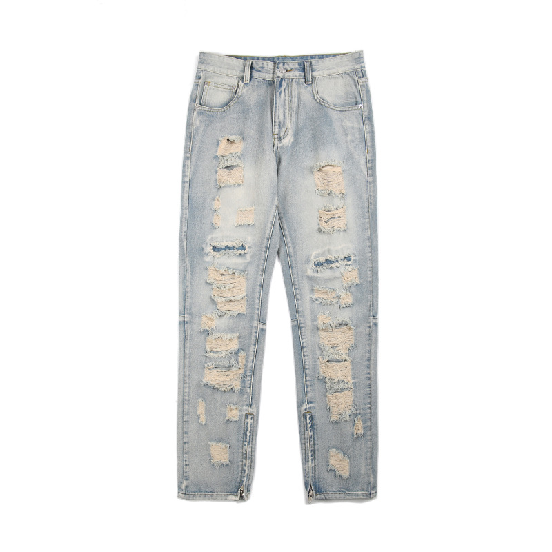 Muške poderane traperice, High Street stil, ravne nogavice, srednja talija, zip, oprani denim