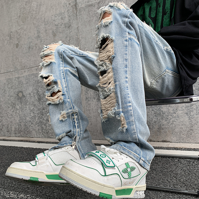 Muške poderane traperice, High Street stil, ravne nogavice, srednja talija, zip, oprani denim