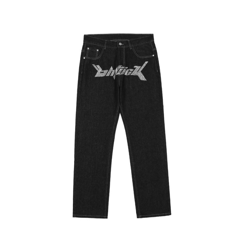 Muške traperice s ležernom ravnom kroju i printom, srednji struk, zip zatvarač, pamuk denim
