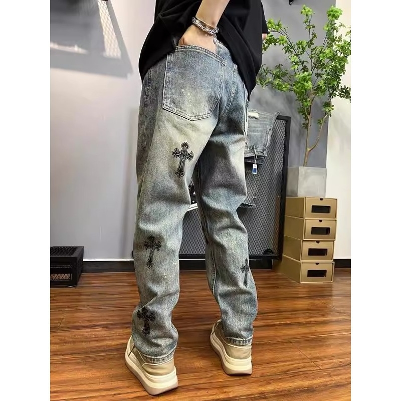 Muške traperice od denima s izvezenim jacquard detaljima, srednji porast struka, zatvarač, 55% poliester
