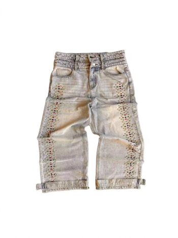 Hlače traperice širokih krojeva s printom perli i dijamanata, srednji struk, pamuk denim, zatvarač