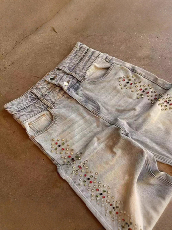 Hlače traperice širokih krojeva s printom perli i dijamanata, srednji struk, pamuk denim, zatvarač