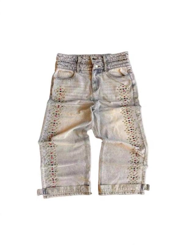 Hlače traperice širokih krojeva s printom perli i dijamanata, srednji struk, pamuk denim, zatvarač