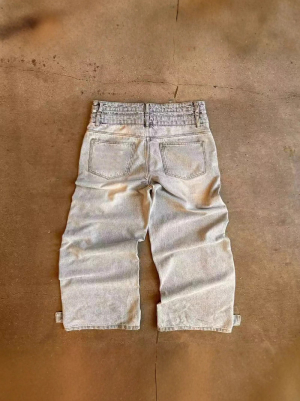 Hlače traperice širokih krojeva s printom perli i dijamanata, srednji struk, pamuk denim, zatvarač