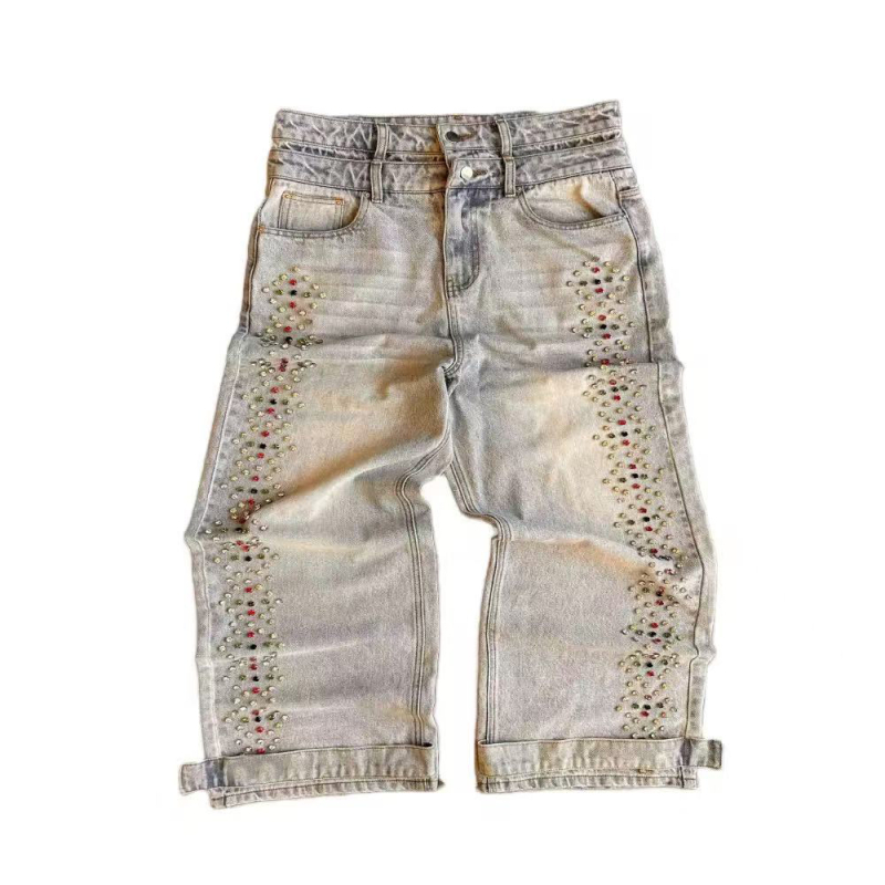 Hlače traperice širokih krojeva s printom perli i dijamanata, srednji struk, pamuk denim, zatvarač