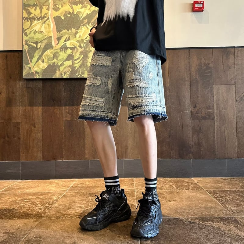 Muške traper kratke hlače s poderanim dizajnom, ravni kroj, srednji pojas, zip, ljetni streetwear