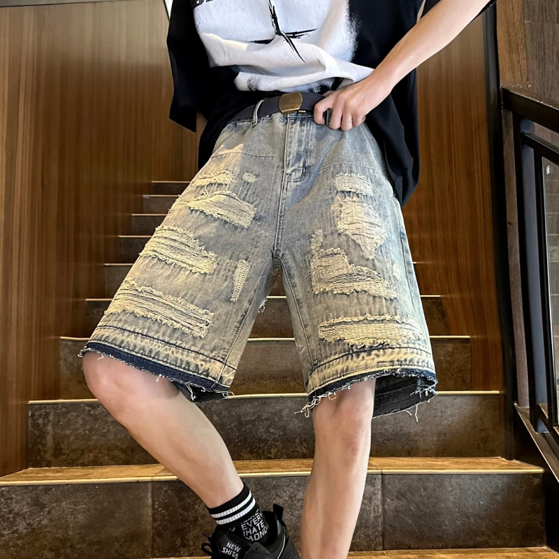 Muške traper kratke hlače s poderanim dizajnom, ravni kroj, srednji pojas, zip, ljetni streetwear