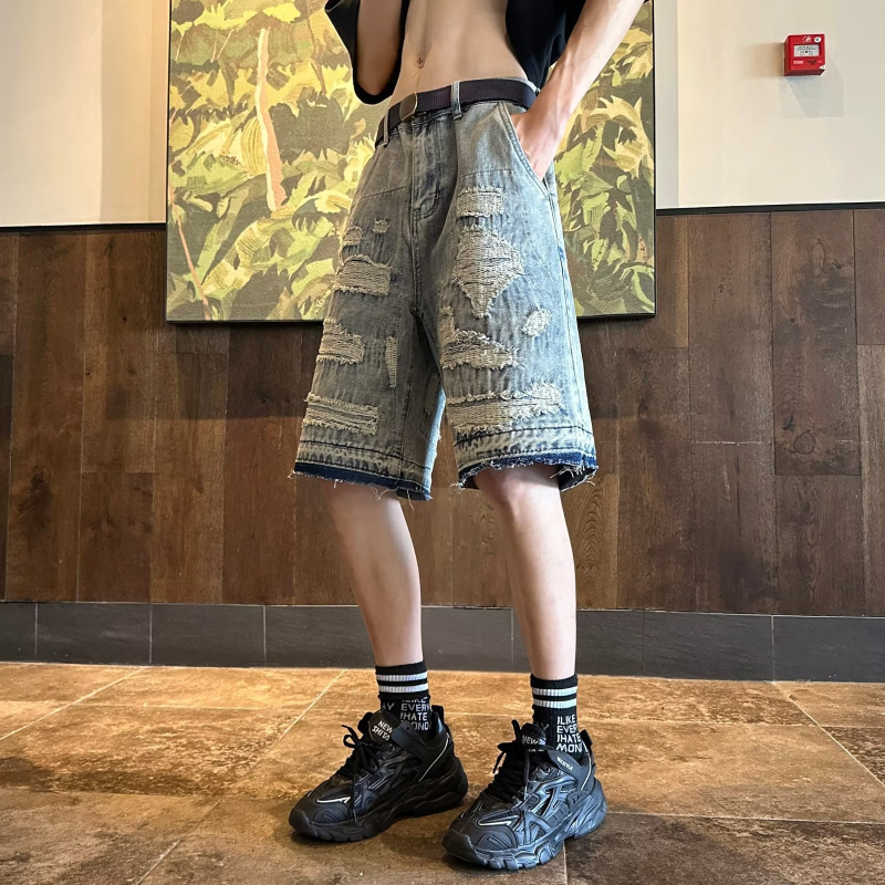 Muške traper kratke hlače s poderanim dizajnom, ravni kroj, srednji pojas, zip, ljetni streetwear
