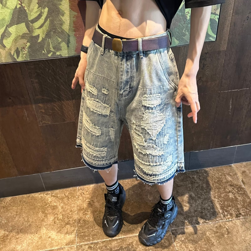 Muške traper kratke hlače s poderanim dizajnom, ravni kroj, srednji pojas, zip, ljetni streetwear