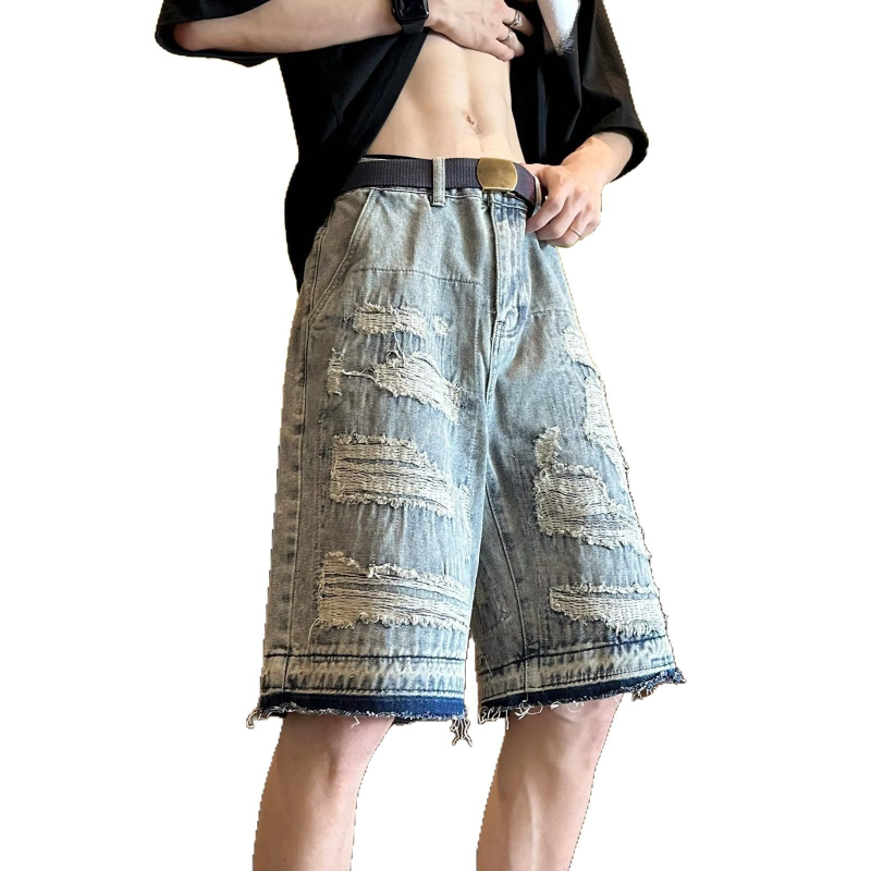 Muške traper kratke hlače s poderanim dizajnom, ravni kroj, srednji pojas, zip, ljetni streetwear