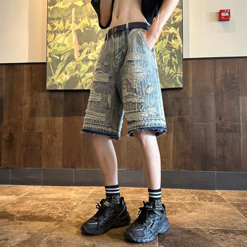 Muške traper kratke hlače s poderanim dizajnom, ravni kroj, srednji pojas, zip, ljetni streetwear