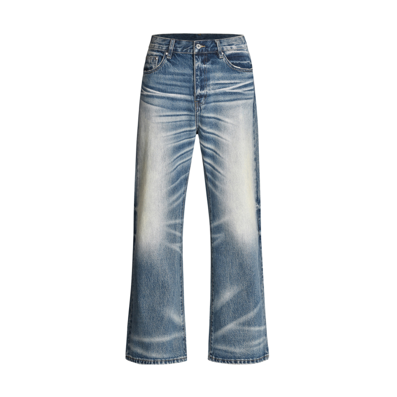 Blugi bărbătești drepți, spălare vintage, talie medie, denim din bumbac 95%, casual