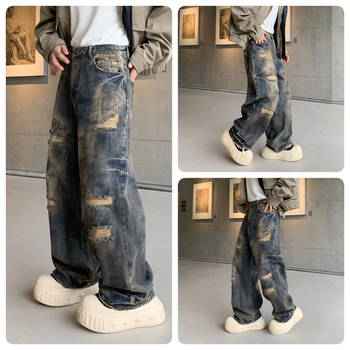 Szakadt farmernadrág részletekkel, utcai stílus, egyenes szabás, hosszú, padlót érő, pamut-denim