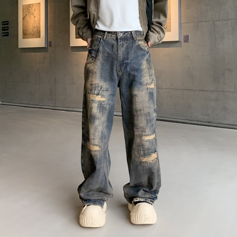 Szakadt farmernadrág részletekkel, utcai stílus, egyenes szabás, hosszú, padlót érő, pamut-denim